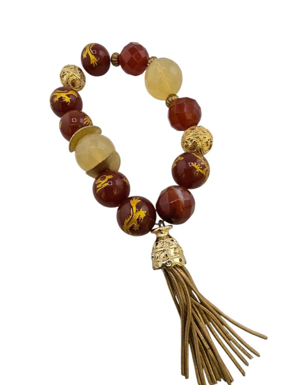Vintage NOS Bee Charming Carnelian Dragon Beaded Stretch Bracelet with Tassel